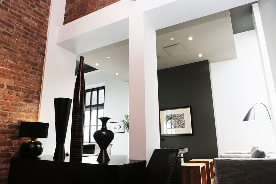 Downtown loft-style apartment interior with city views