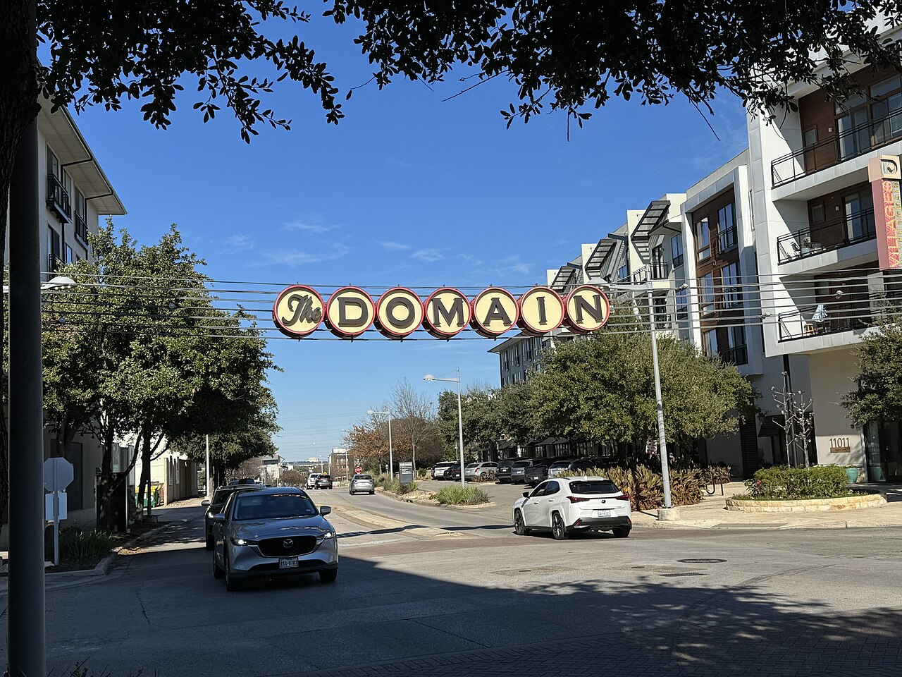 Entrance sign for The Domain retail district in Austin